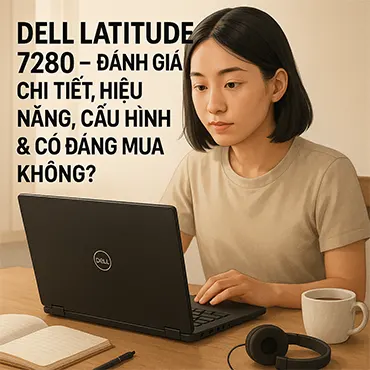Laptop Dell Latitude 7280 trên bàn học, bên cạnh vở ghi chép của sinh viên