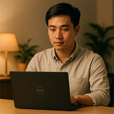 Nhân viên văn phòng Việt Nam đang làm việc với laptop Dell Latitude 7390 trong không gian làm việc hiện đại, ánh sáng ấm.