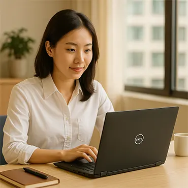 Một bạn nhân viên văn phòng người Việt đang làm việc trên laptop Dell Latitude 7490 trong không gian văn phòng sáng và gọn gàng