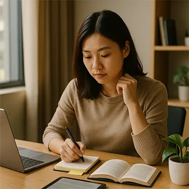 Người trẻ Việt Nam đang ghi chú và học tập trên bàn làm việc, thể hiện kỹ năng học hỏi liên tục trong môi trường công sở hiện đại