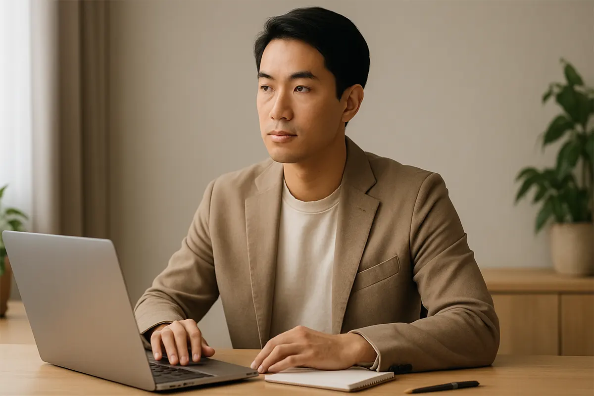 Người Việt Nam điềm tĩnh, tự tin trước laptop trong không gian làm việc hiện đại – minh họa kỹ năng xây dựng thương hiệu cá nhân