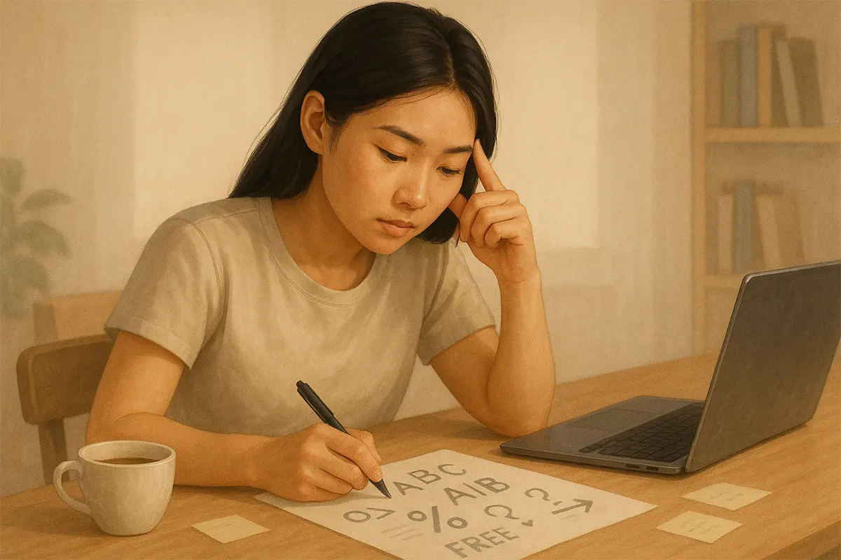 Một bạn trẻ Việt Nam ngồi trong quán cà phê yên tĩnh, nhìn vào những tờ giấy với ký hiệu giảm giá, lựa chọn A B C và chữ FREE, suy nghĩ về các quyết định phi lý trí của mình