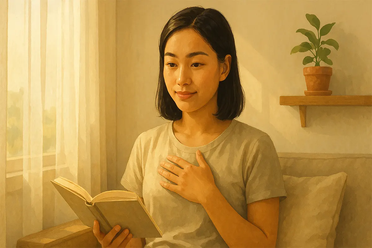 Một bạn trẻ Việt Nam ngồi bên cửa sổ, tay cầm cuốn Sống Thực Tế Giữa Đời Thực Dụng, vừa đọc vừa mỉm cười nhẹ như vừa trút được gánh nặng phải hoàn hảo