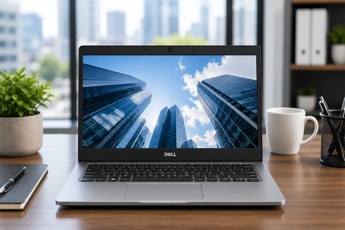Laptop Dell Latitude màu bạc đặt trên bàn làm việc trong văn phòng hiện đại, thể hiện dòng laptop doanh nghiệp bền bỉ và chuyên nghiệp